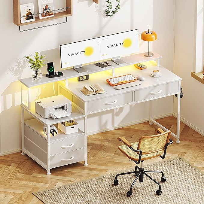 53" Computer Desk with 4 Drawers & Power Outlets, Reversible Home Office Desk - Image 2