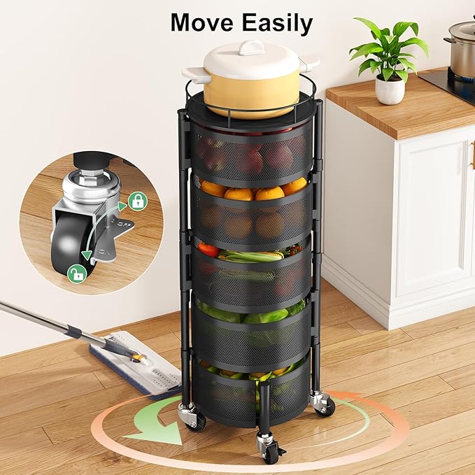 SAYZH Fruit Vegetable Basket for Kitchen, Rotating Storage Rack, 5 Tier Rolling - Image 6