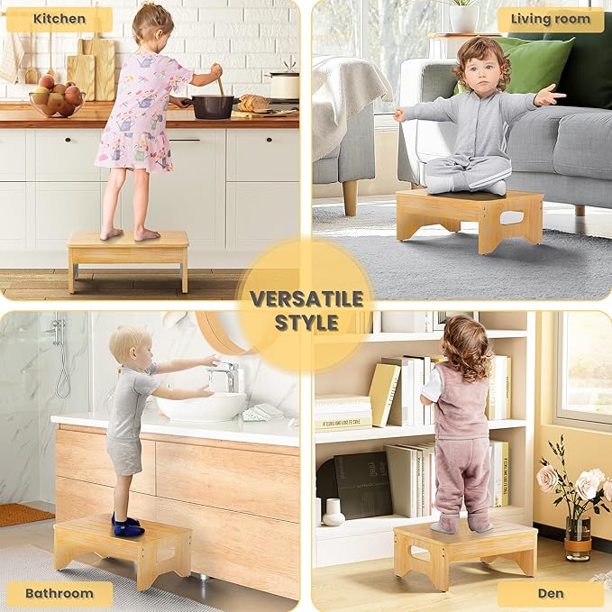 Wooden Step Stool for Adults & Kids, Non-Slip Rubber Feet, 6.5 Inch High - Image 5
