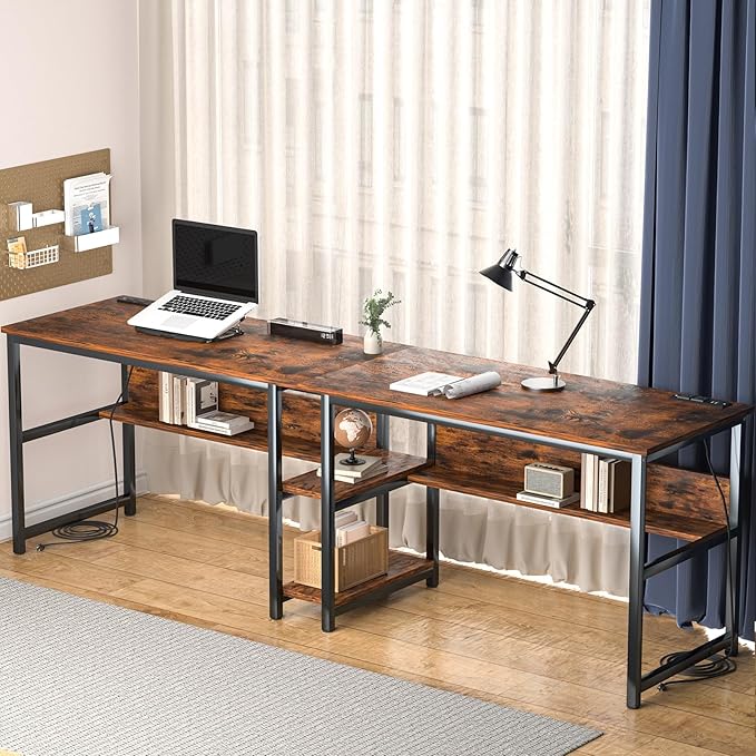 78.74" Two Person Desk with 2 Power Strips, Double Desk with Shelves, Long - Image 4