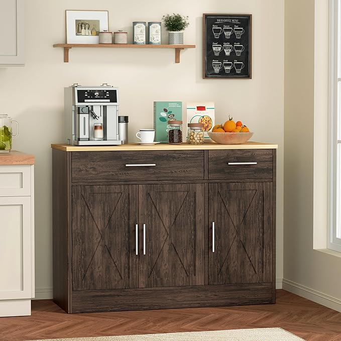 Shintenchi 3 Doors Farmhouse Sideboard Buffet Cabinet, Wood Coffee Bar Cabinet - Image 3