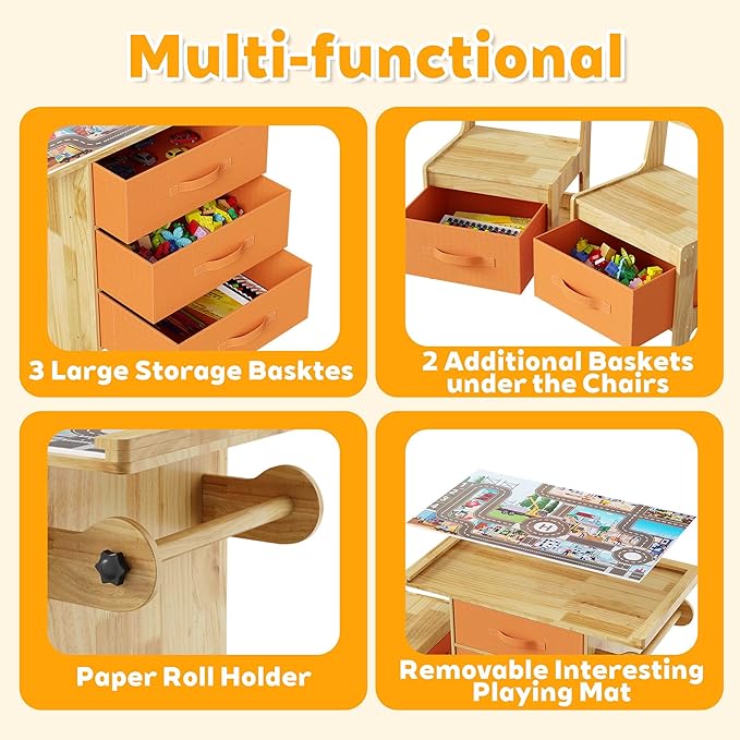 Pine Wood Kids Table and Chair Set 3 in 1 Wooden Toddler Table - Image 4