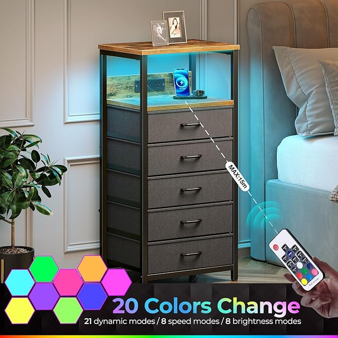 Seventable Night Stand with Charging Station, Tall Nightstand with 5 Fabric - Image 6