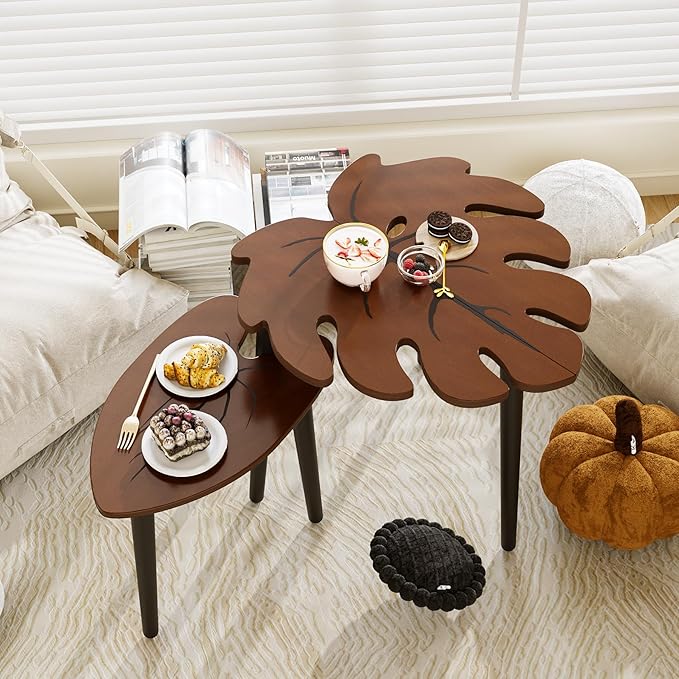 BAMEOS Monstera Leaf Nesting Tables Set of 2, Small Coffee Table Set - Image 5
