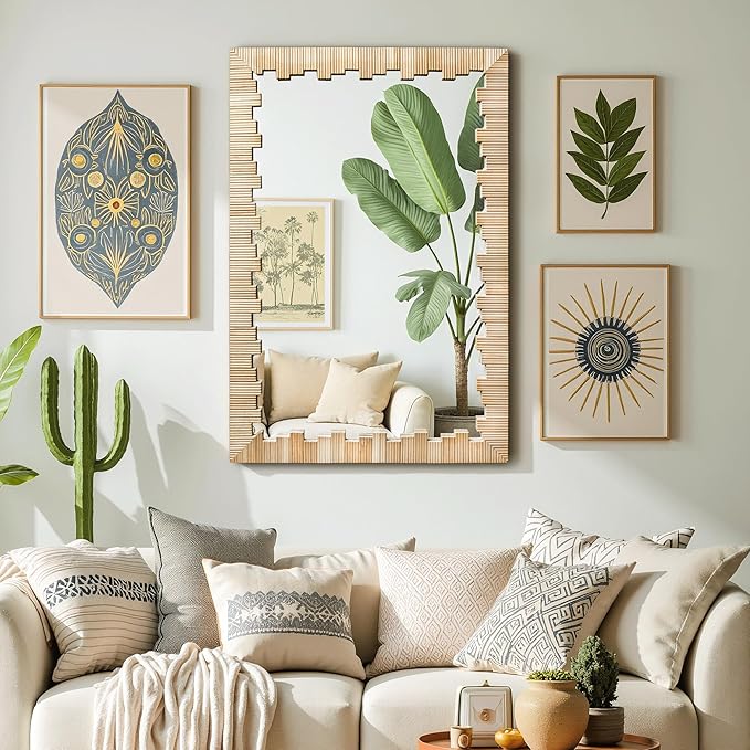 Boho Wall Mirror with Wood Frame, Living Room - Image 5