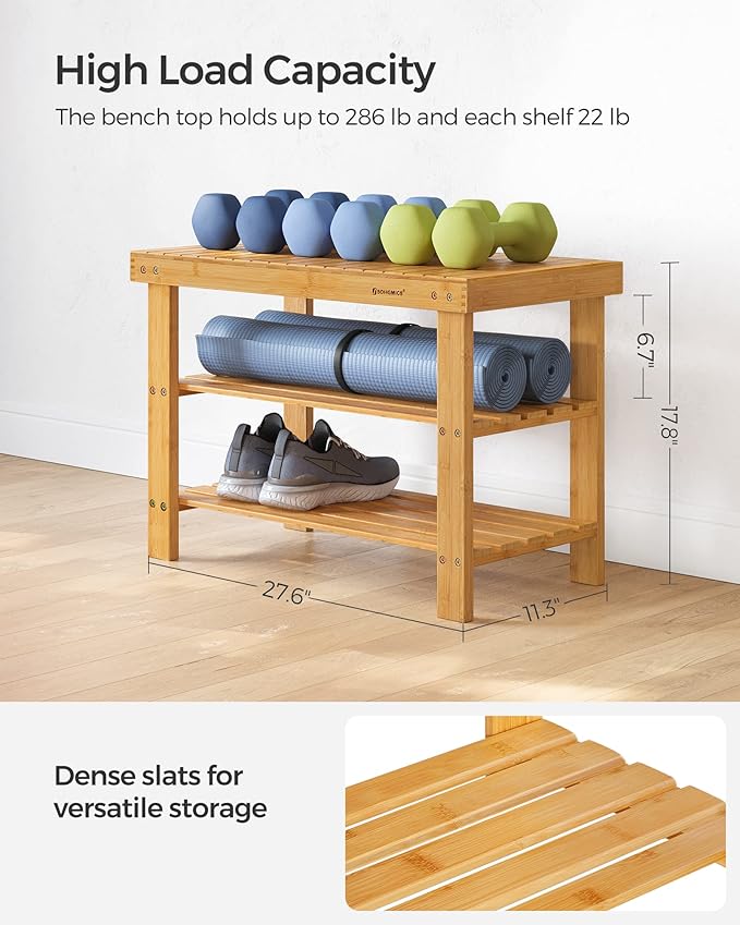 SONGMICS Shoe Rack Bench, 3-Tier Bamboo Shoe Storage Organizer, Entryway Bench - Image 3