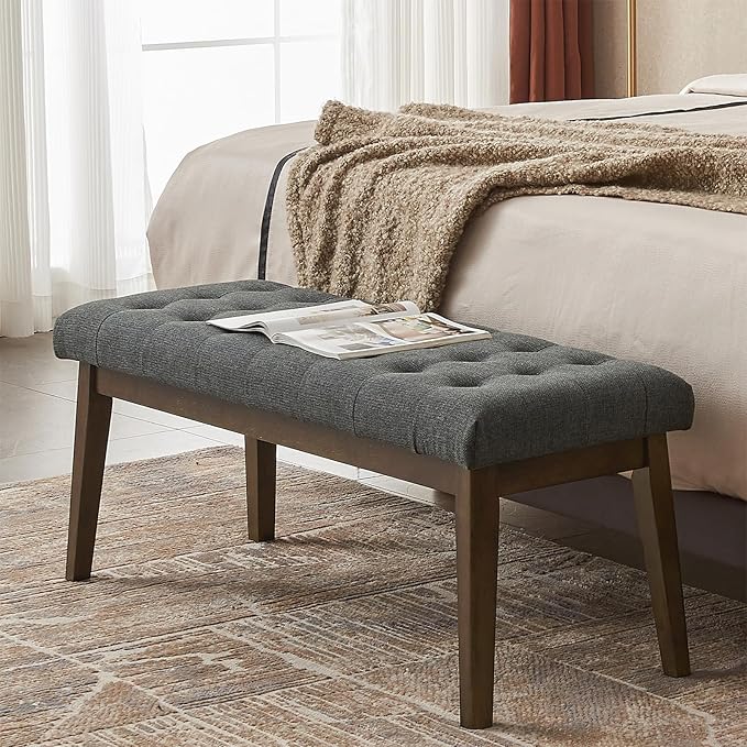 End of Bed Bedroom Bench, Linen Upholstered Tufted Bench by Befurtori