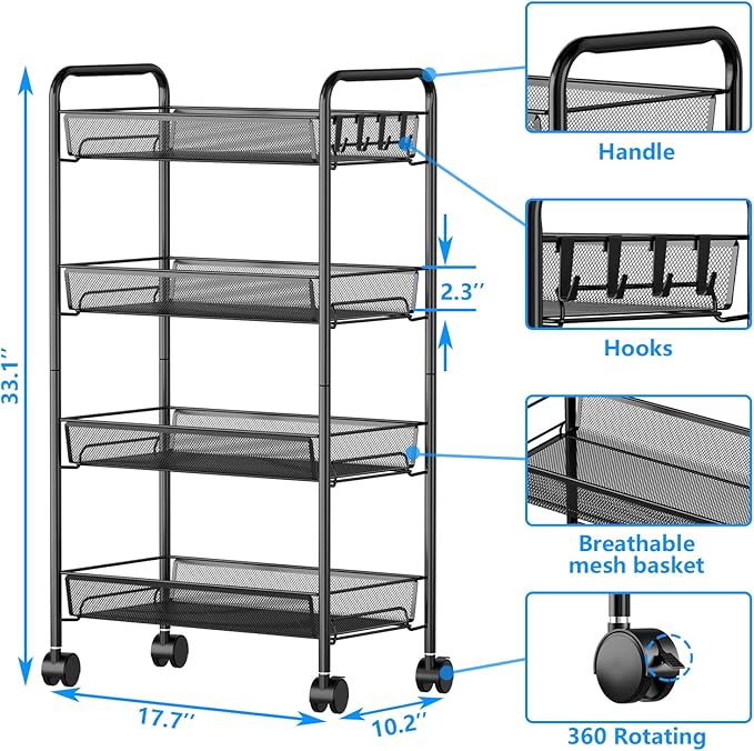OVICAR 4 Tier Mesh Wire Rolling Cart, Kitchen Storage Organizer Utility Cart - Image 6