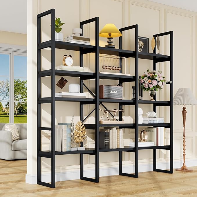 Semoic Large Bookshelf 5 Tiers, Triple Wide Geometric Bookcase, 71 Inches Tall by Semoic