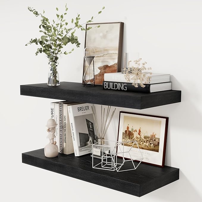 Fun Memories Black Floating Shelves 30" W x 12" D, 12 Inch Deep Floating Shelf by FunMemories