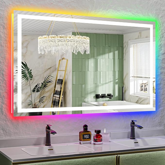 60x38 Inch RGB LED Bathroom Mirror Front Light and RGB Backlit Lighted Vanity by YEELAIT
