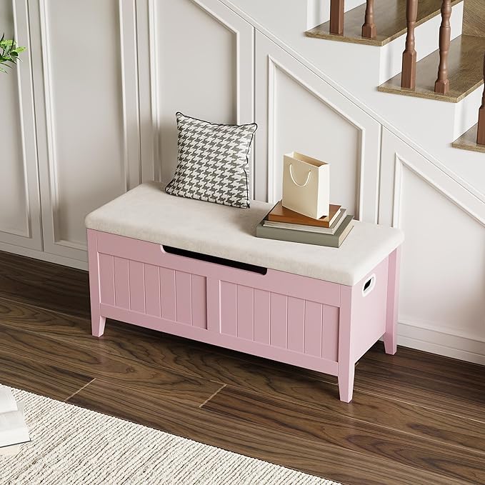 GAOMON Storage Bench with Cushion, 39.4” Wooden Chest Storage Box with 2 Safety - Image 6