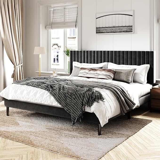 King Size Bed Frame with Velvet Upholstered Headboard, Platform Bed with Strong - Image 3