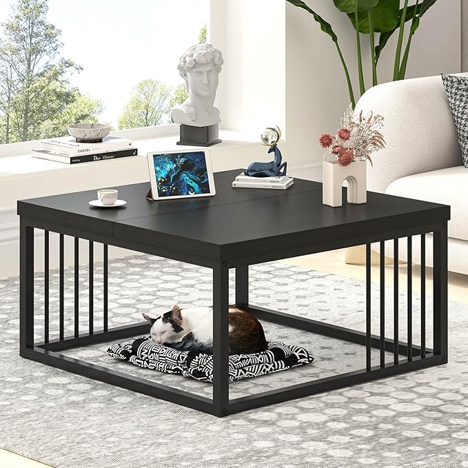 FOLUBAN Black Coffee Table, Modern Square Center Table - Image 3