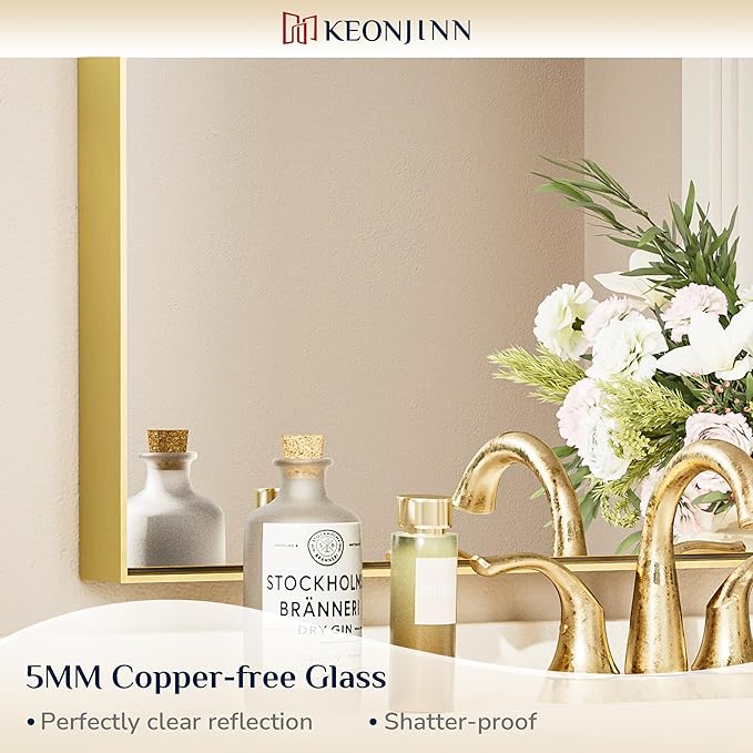 Keonjinn 24 x 32 In Brushed Gold Bathroom Mirror - Image 9