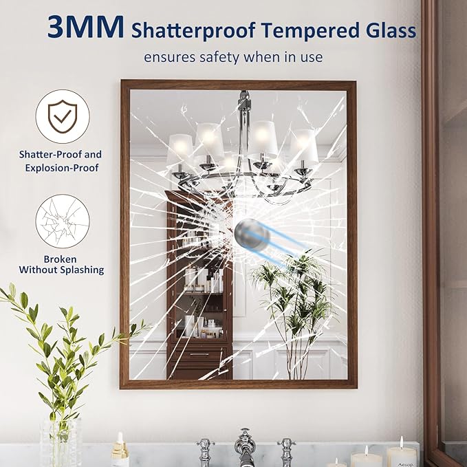 WEER Walnut Bathroom Mirror, Walnut Framed Mirror 22X30 Inch, Rectangle Wall - Image 2
