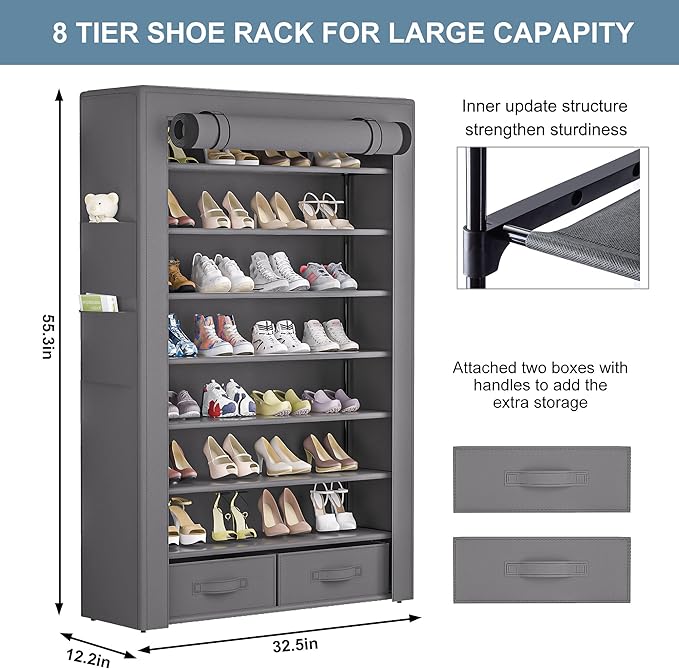 Shoe Rack Storage Cabinet 32 Pairs Organizer Shelf Tall - Image 3