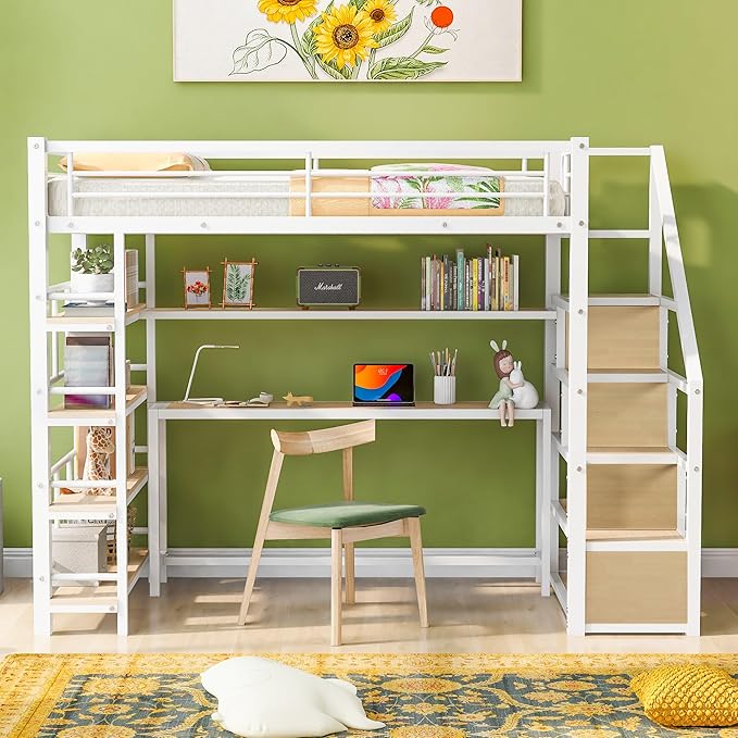 Twin Size Metal Loft Bed with Staircase, Full-Length Guardrails, a Built-in by Favfurish
