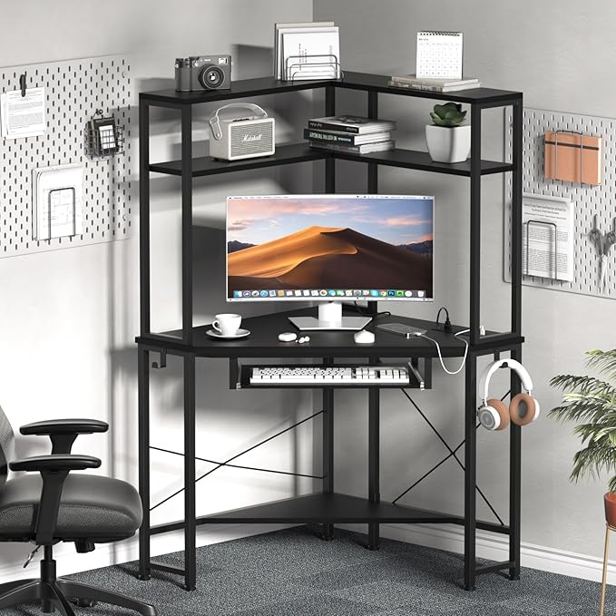 Corner Desk with Hutch and LED Lights, Corner Computer Desk with Keyboard Tray - Image 2