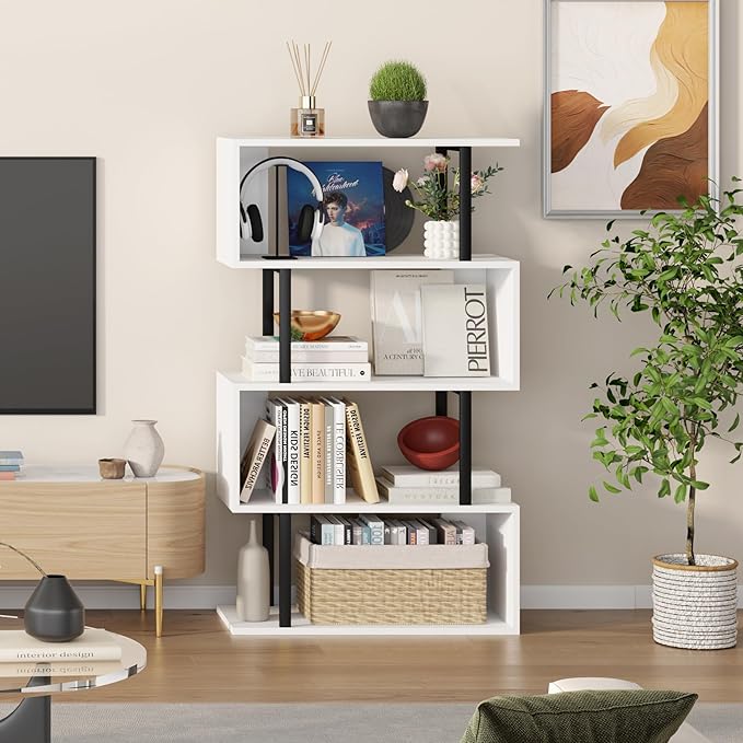 Yusong Geometric Bookcase, S Shaped Bookshelf 4-Tier Book Shelves - Image 8