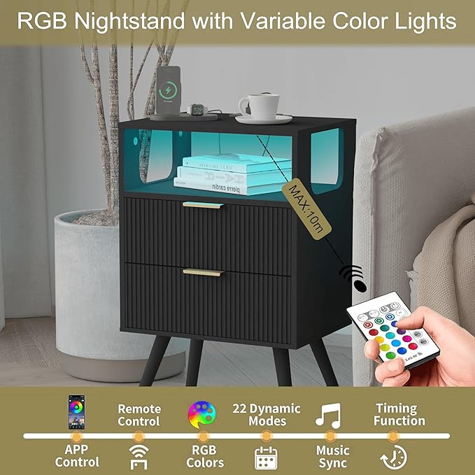 Black Nightstand with Charging Station and LED Lights, Modern Bedside Table - Image 5