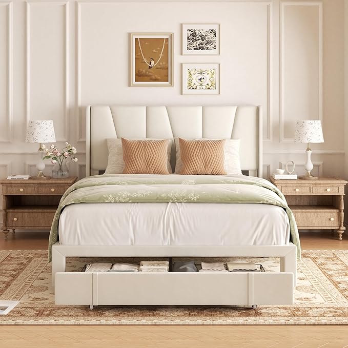 Full Bed Frame with Storage Drawers, Upholstered Platform Bed with Headboard - Image 3