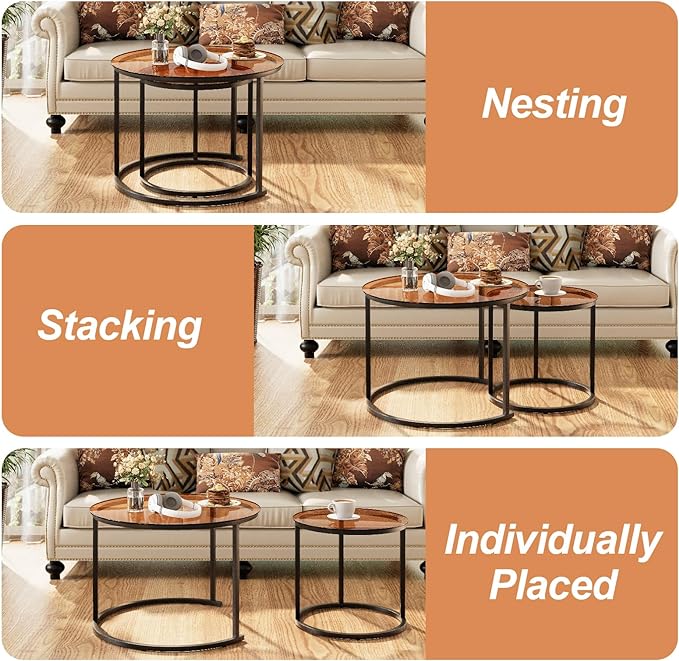 aboxoo Nesting Coffee Table Set of 2, Small Round Glass Nesting Tables - Image 7