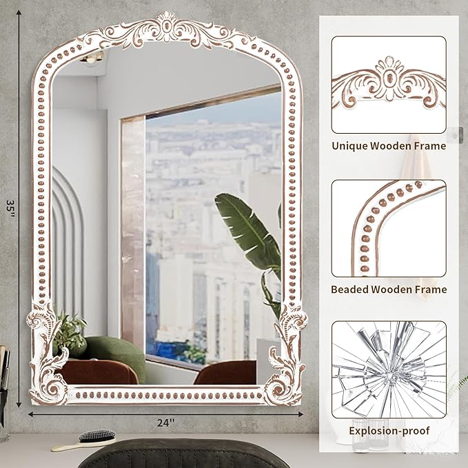 25x35 Inch Baroque Arched Wall Mirror Wooden, Rustic Farmhouse Decorative - Image 4