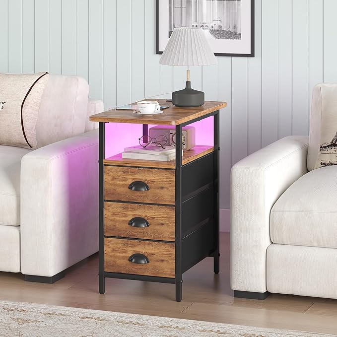 End Table with Charging Station, LED Side Tables with USB Ports and Outlets - Image 2