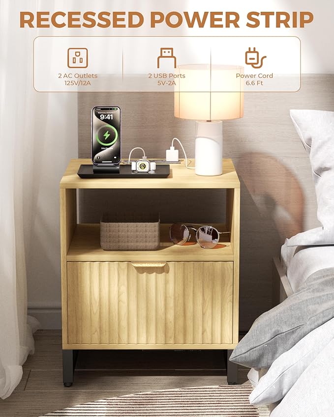 Fluted Night Stand with Charging Station, Wood Nightstand with Large Drawer and - Image 3