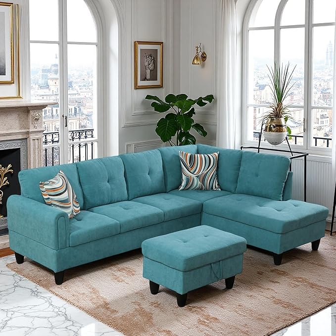 L-Shaped Sectional Sofa with Ottoman, Right-Facing Modern Microfiber Couch - Image 3