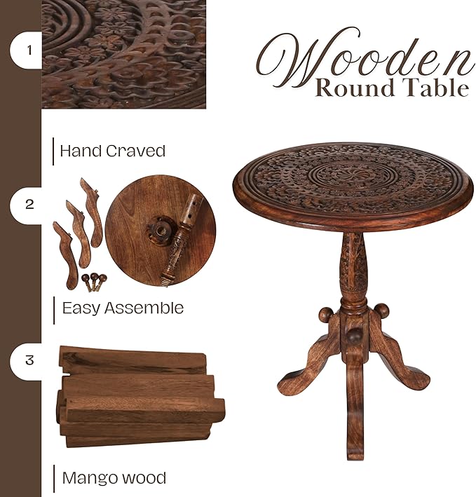 The Wooden Town Handcrafted Carved Round Side Table – 18x21 Inch Coffee Table - Image 4