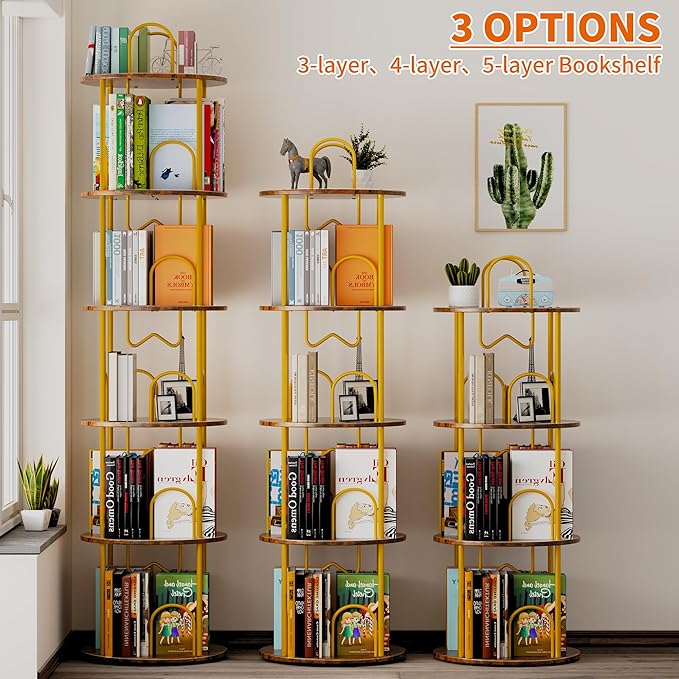 3 Tier Rotating Bookshelf, 360° Spinning Bookshelf Tower, Round Narrow Space - Image 6