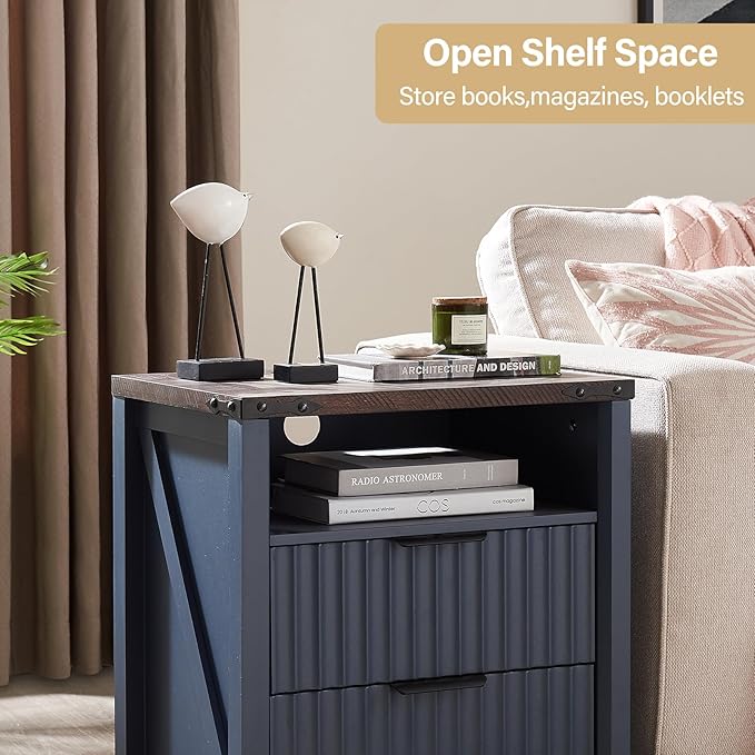 Navy Blue Nightstand with Charging Station Set of 2-20 Inch Wide Farmhouse - Image 7
