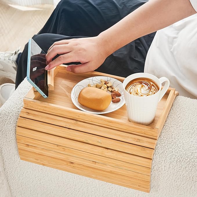 Bamboo Sofa Arm Tray, Anti Falling Couch Arm Tray Armrest Table - Image 2