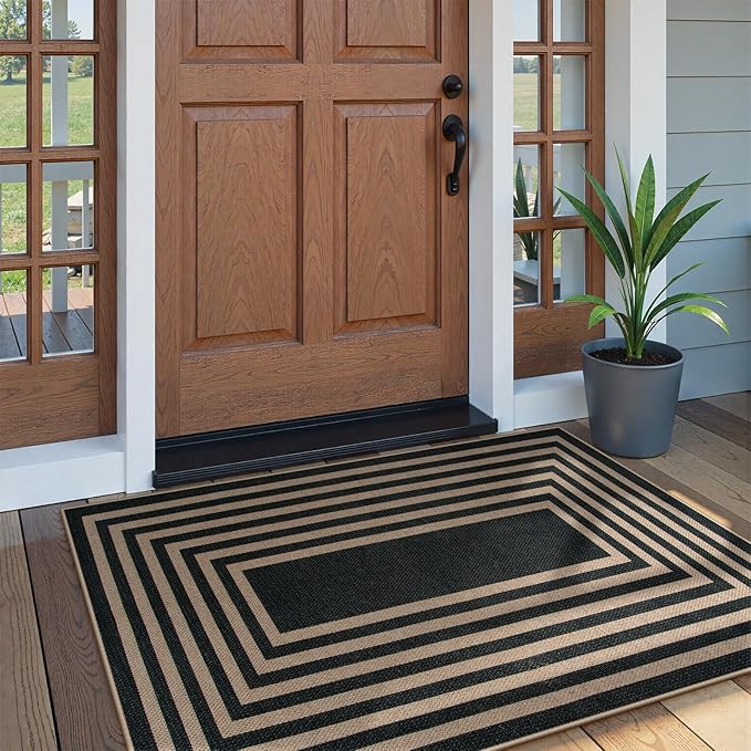 Lahome Modern Geometric Easy Jute Outdoor Rug, 3x5 Black Indoor Outdoor Carpet - Image 3