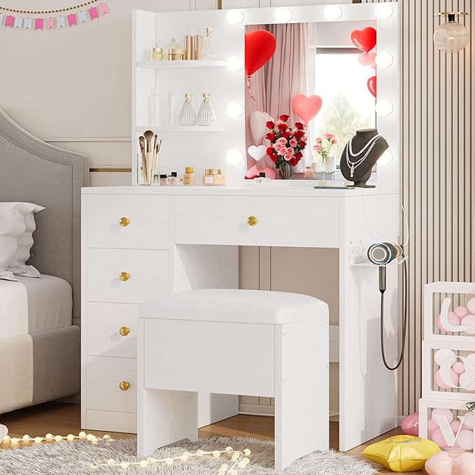 IRONCK Vanity Desk with Mirror and Lights, Small Makeup Vanity Table with 5 - Image 3