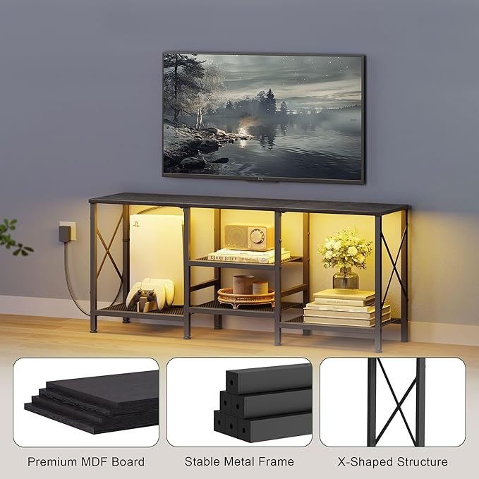 TV Stand with LED Lights for 55 Inch TV, Entertainment Center with 3-Tier Open - Image 6