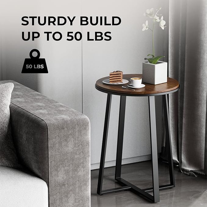 Round End Tables, Small Side Table Walnut Color MDF Top, Metal Frame Black - Image 5