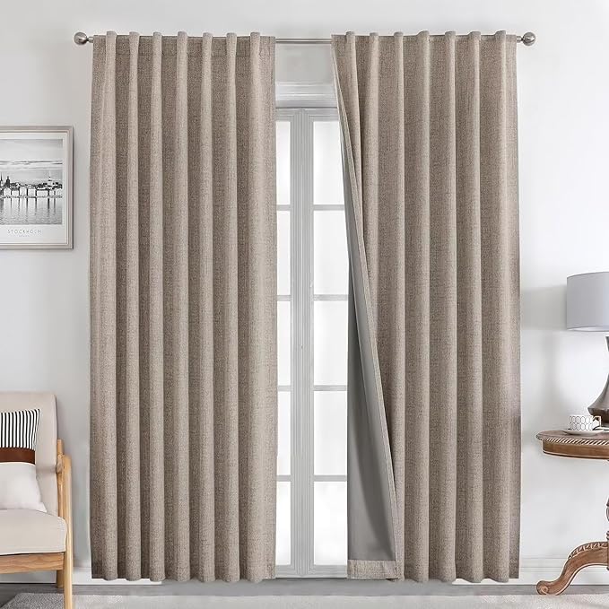 Joydeco Natural Linen Curtains 96 inch Length 2 Panels Set Burg 100% Blackout by JOYDECO