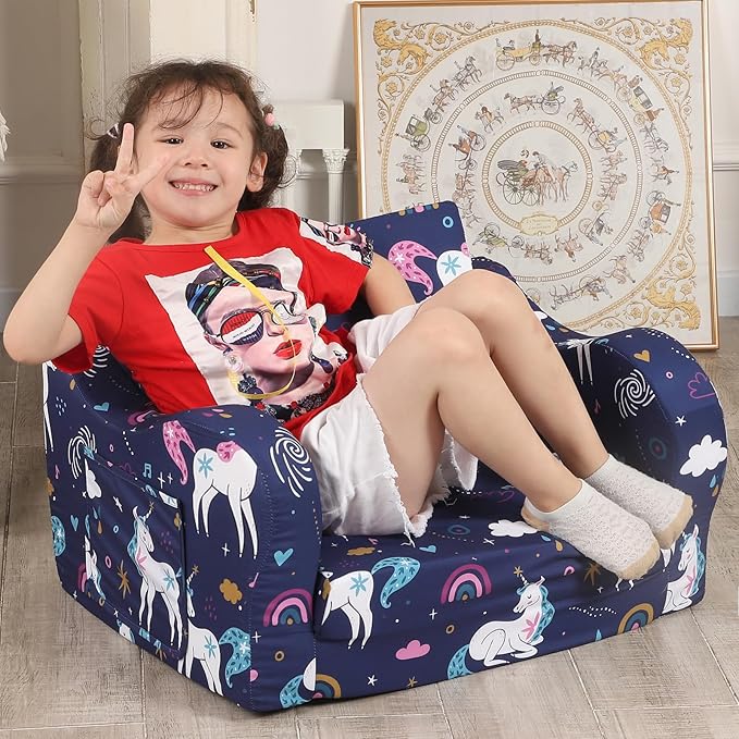 Rainbow Unicorn Kids Sofa, 2-in-1 Kids Couch Fold Out, Convertible Sofa to Bed - Image 2