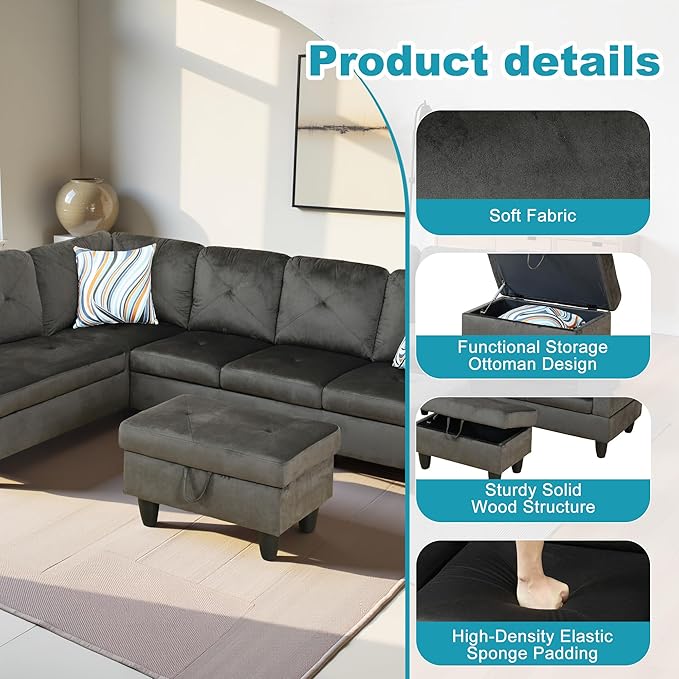 L Shaped Couch Modern Sectional Couch Upholstered Flannel Fabric 3 Pieces Sofas - Image 5
