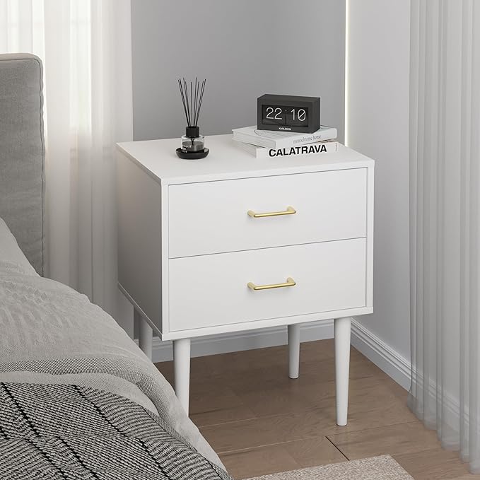 White Nightstand with 2 Drawers, Mid-Century Modern End Table, Wood Night Stand - Image 6