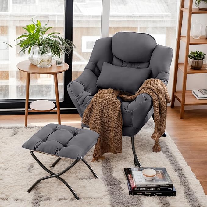 Lazy Chair with Ottoman, Comfy Fabric Accent Lounge Arm Chair with Lumbar - Image 4
