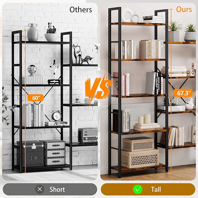Shintenchi Triple 5 Tier Bookshelf, Industrial Large Bookcase - Image 6
