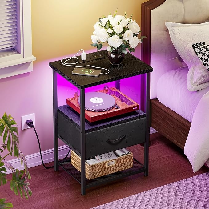 Fixwal Night Stand with Charging Station, LED Nightstand Side Table with Fabric - Image 2
