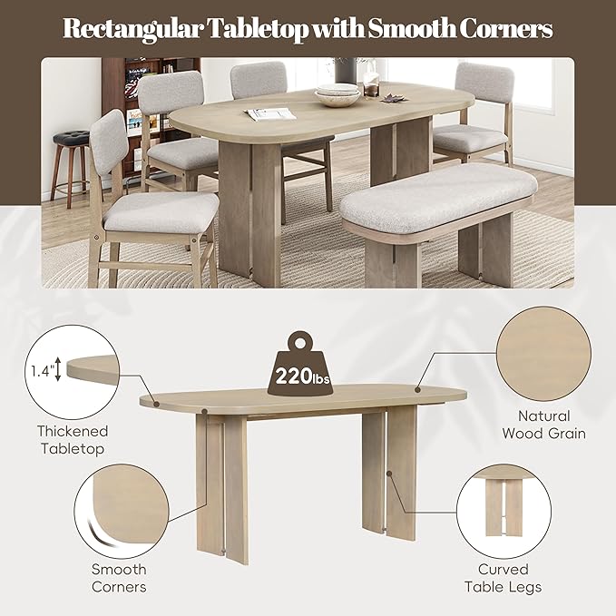 Merax Farmhouse Wooden Dining Set of 6, 65 Inch Rectangular Kitchen Table - Image 2