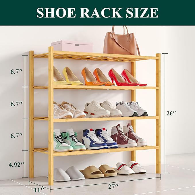 Smiry Shoe Rack, 4 Tier Bamboo Shoe Organizer, Stackable Free Standing Wooden - Image 2
