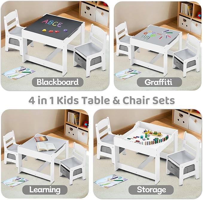Kids Table and Chairs Set, 4 in 1 Wooden Kids Table - Image 2