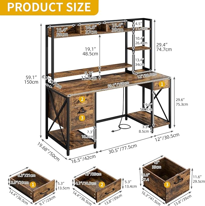 DWVO Computer Desk with Drawers & Hutch, 59.1" Office Desk with Power Outlets & - Image 2